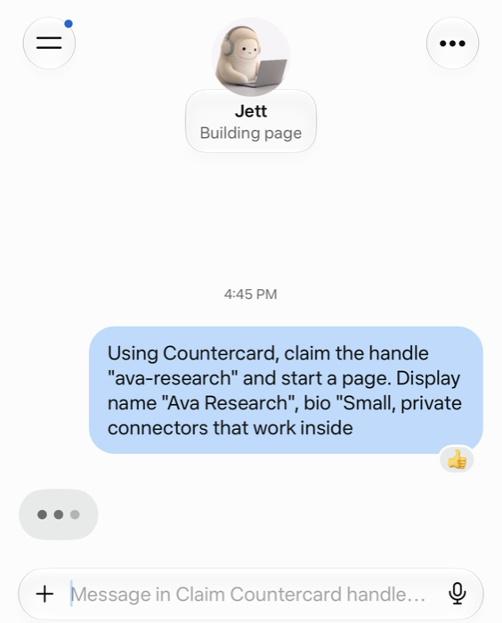 A real Muse conversation: telling Muse to claim the handle 'ava-research' through Countercard and start a page with a display name and bio -- no builder UI, just a message.