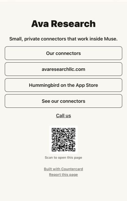 The page that conversation produced: Ava Research's own live Countercard page, with its links, a scannable QR code, and the free-tier 'Built with Countercard' footer line.