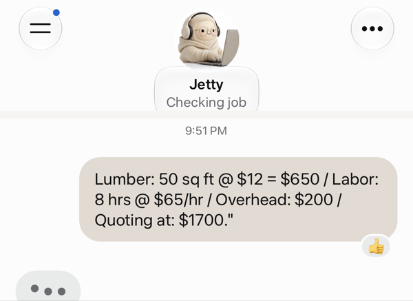 A real Muse conversation: pasting a job's numbers to JobCheck, with the lumber line's total deliberately overstated by $50.